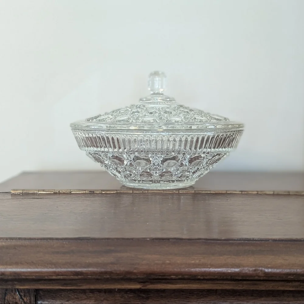 Flawless Diamond Point Clear Glass Candy Dish with Lid - MCM Apothecary Jar